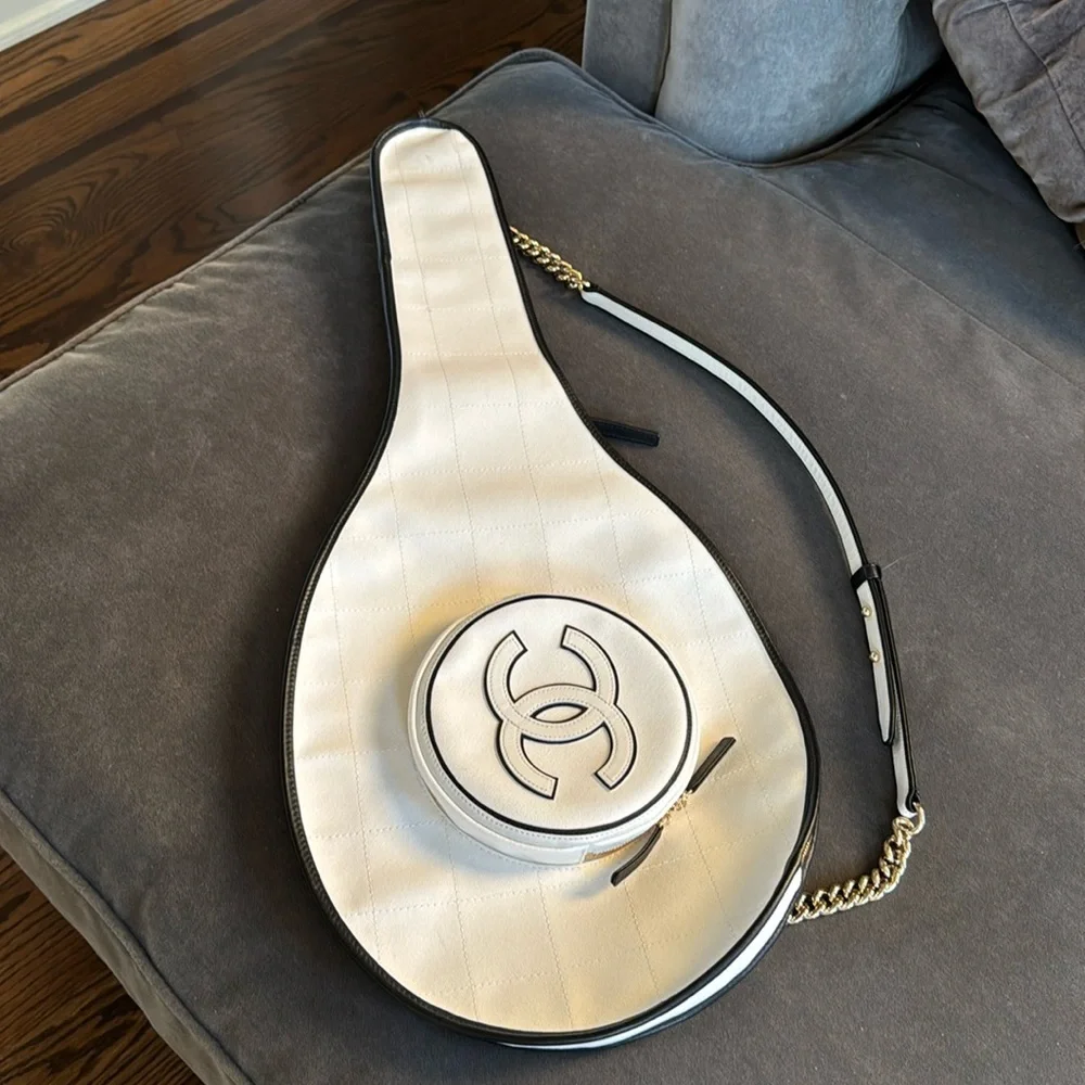 Chanel 23c RARE tennis racquet holder shoulder bag with pouch and slots ivory